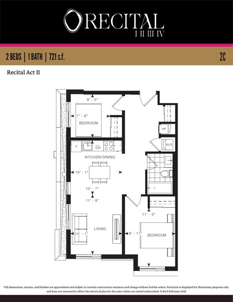 Floor plan for 2 beds, 1 bath, 721 sqft